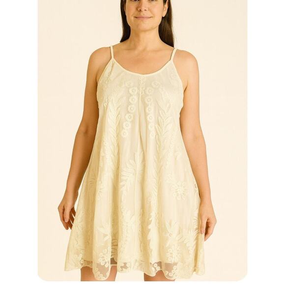 Mi'Ami dress cream blouson crochet overlay shift BoHo western Oatmeal SZ M - Picture 1 of 9